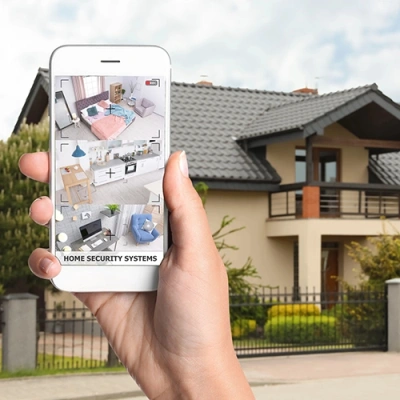 Dover vivint phone display of cctv live feed in front of a house